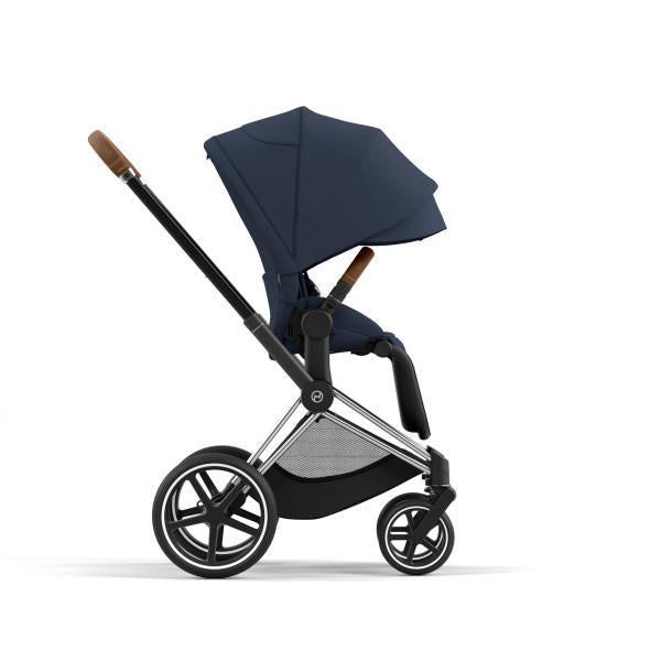 Cybex Priam 4 Stroller - Chrome/Brown Frame and Nautical Blue Seat Pack - Premium Design and Convenience
