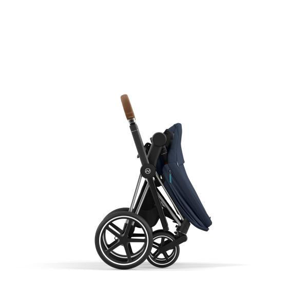 Cybex Priam 4 Stroller - Chrome/Brown Frame and Nautical Blue Seat Pack - One Pull Harness System
