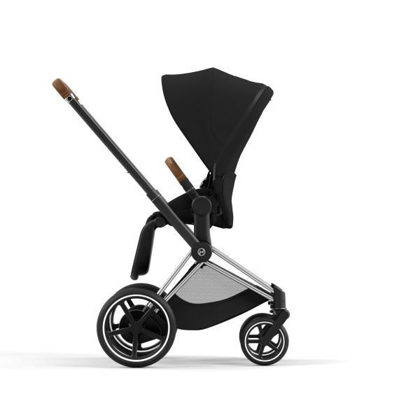 Cybex E-Priam 2 Stroller - Chrome/Brown Frame and Deep Black Seat Pack - One Pull Harness System