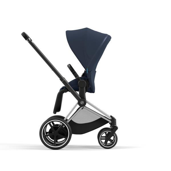 Cybex E-Priam 2 Stroller - Chrome/Black Frame and Nautical Blue Seat Pack - One Pull Harness System