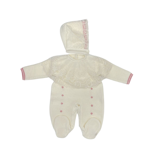 Luna Baby Knitted Romper Set With Delicate Lace And Hat - Beige Light Pink