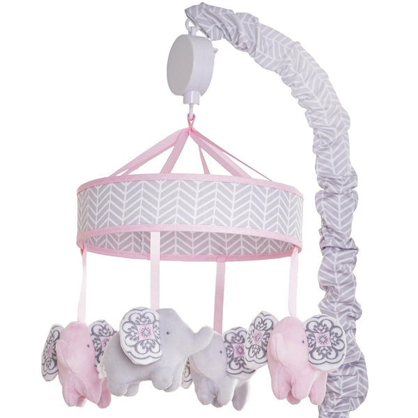 Musical Mobile For Baby Crib - Elephant Pink/Grey