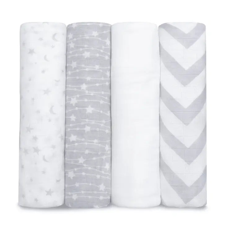 Baby Muslin Swaddle Blankets 4 Pack Grey