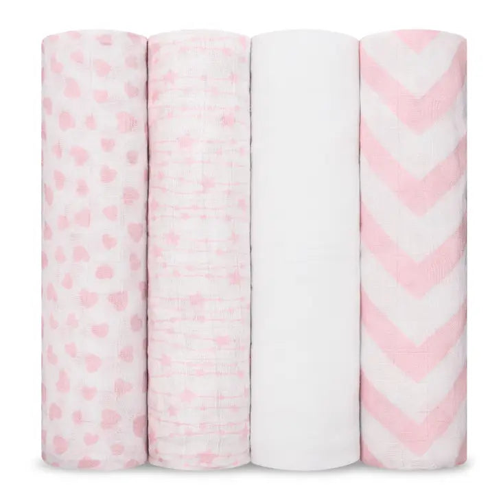 Baby Muslin Swaddle Blankets 4 Pack Pink