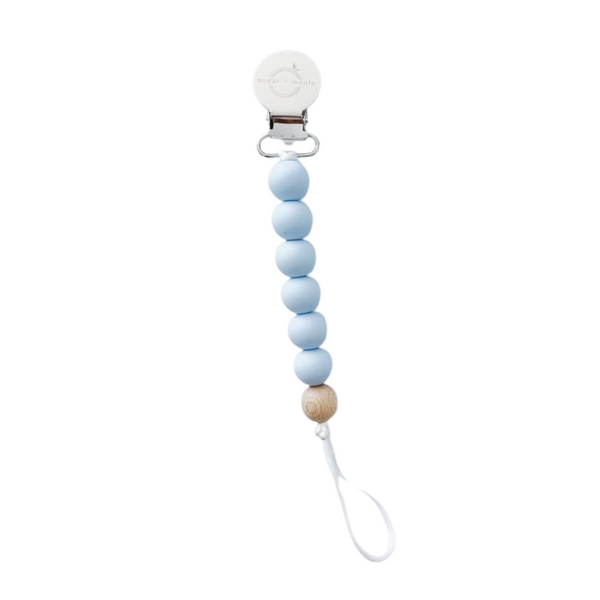 Pacifier + Teether Clip- Silicone with 1 Beechwood Bead Blue