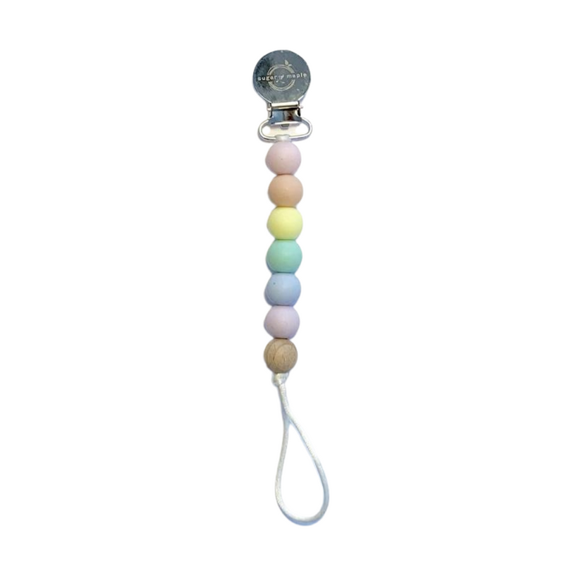 Pacifier + Teether Clip- Silicone with 1 Beechwood Bead Rainbow Pastel