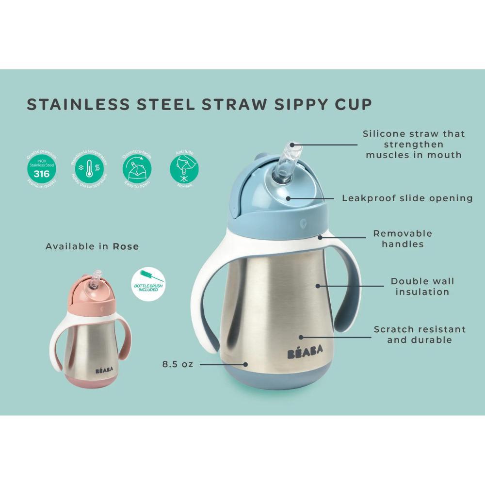 Beaba Stainless Steel Straw Sippy Cup with Handles with Sage Lid Toddler  Bottle 812995016450